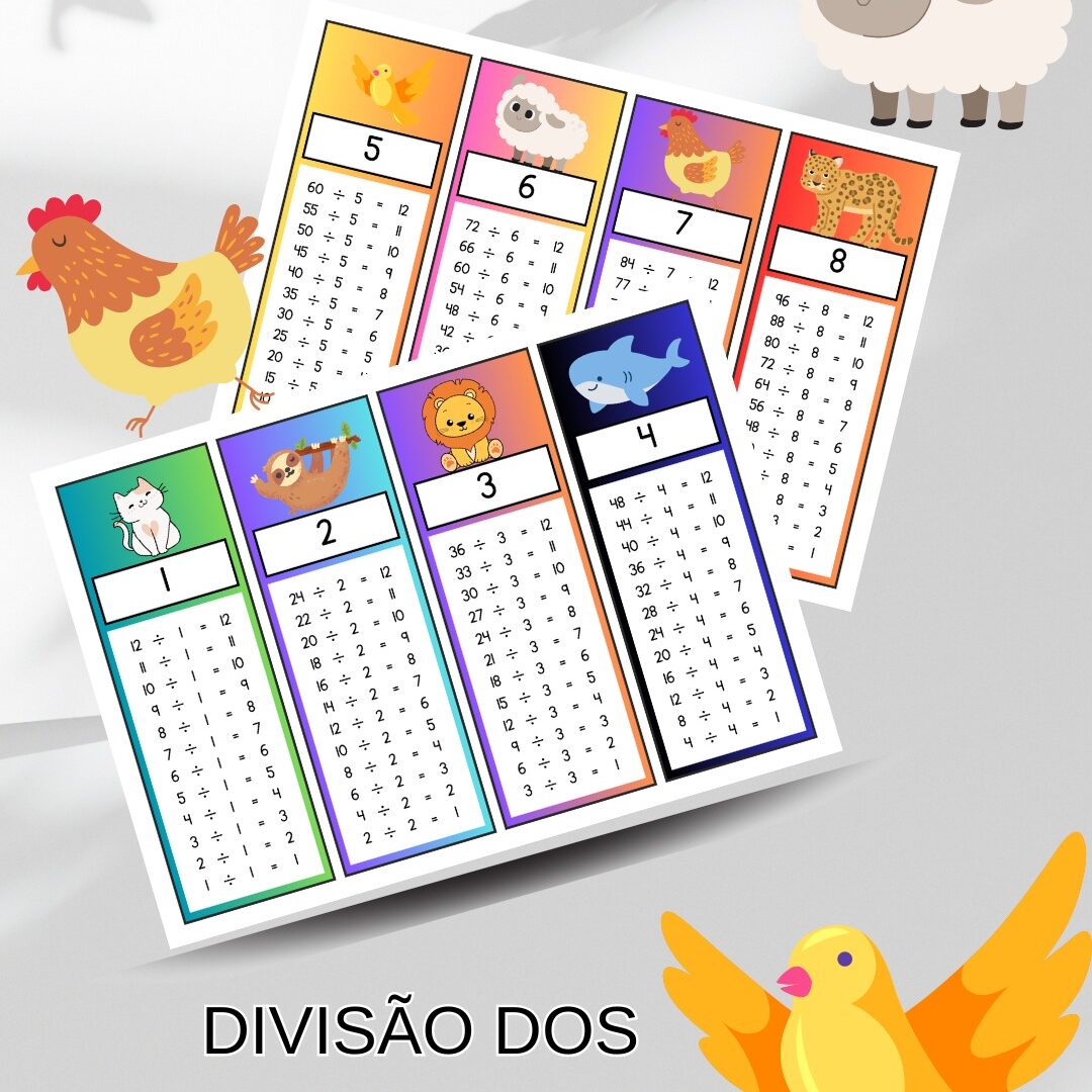 CARDS / CHAVEIRO / MARCA PÁGINAS DA TABUADA DA DIVISÃO: ANIMAIS