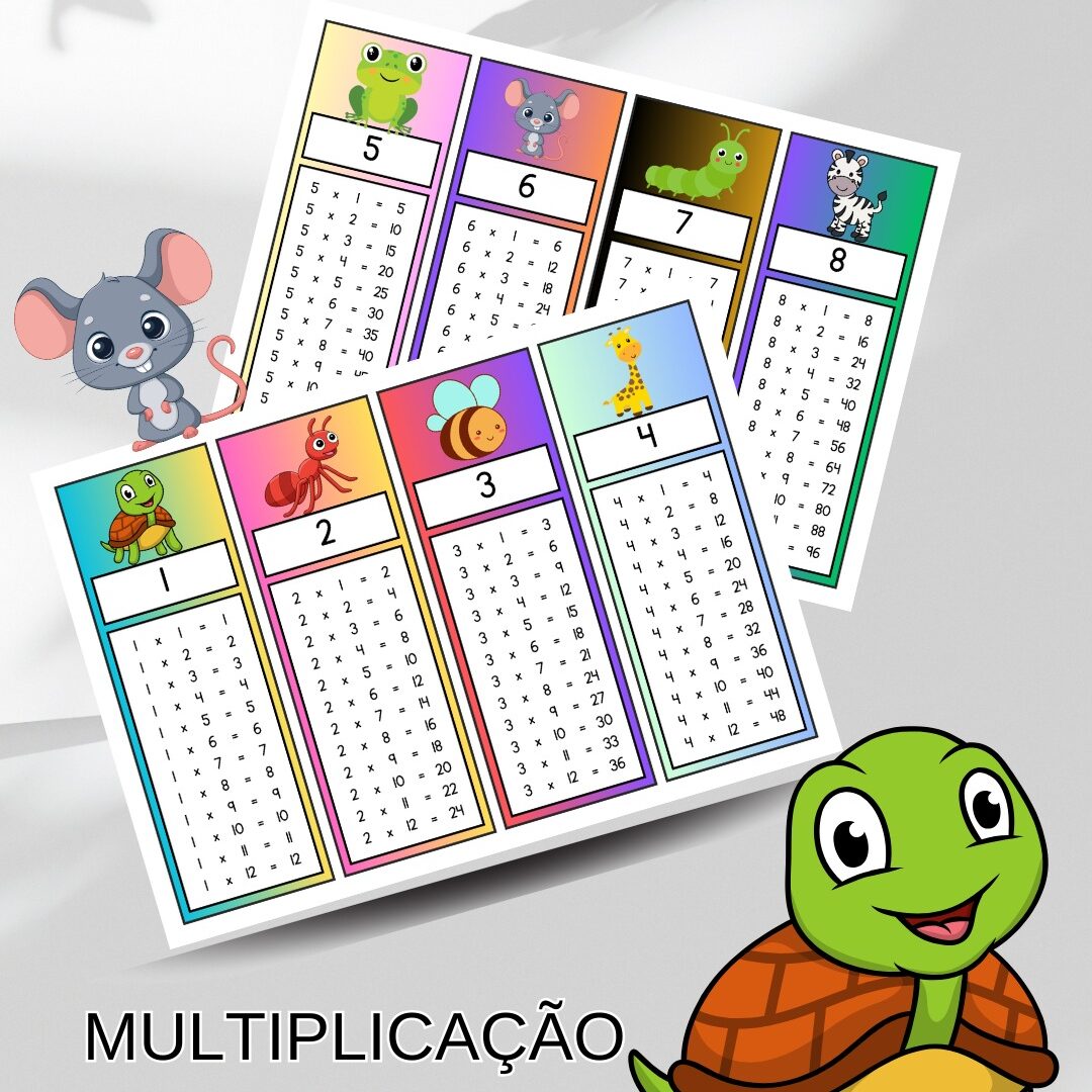 CARDS / CHAVEIRO  / MARCA PÁGINAS DA TABUADA DA MULTIPLICAÇÃO: ANIMAIS