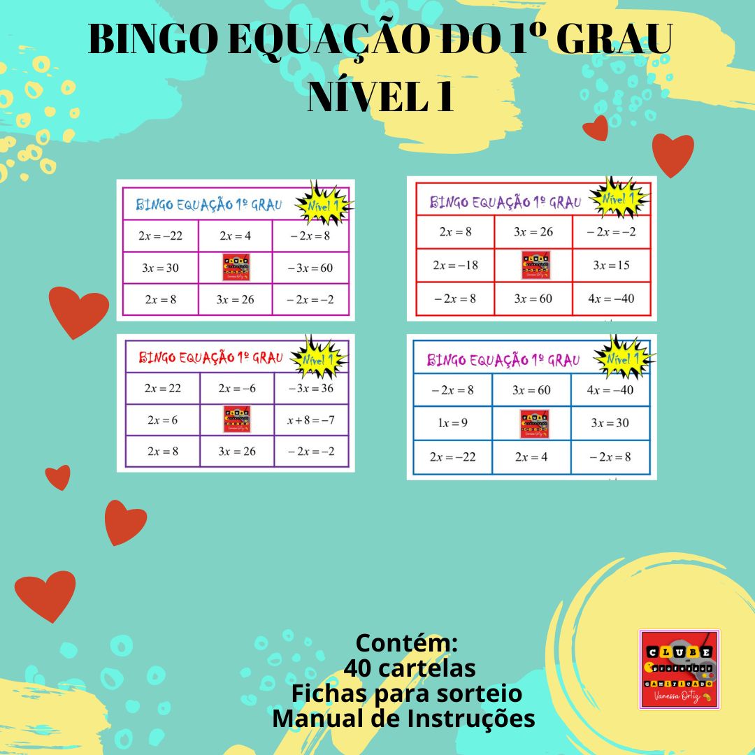 BINGO: EQUAÇÃO DO 1º GRAU - NÍVEL 1