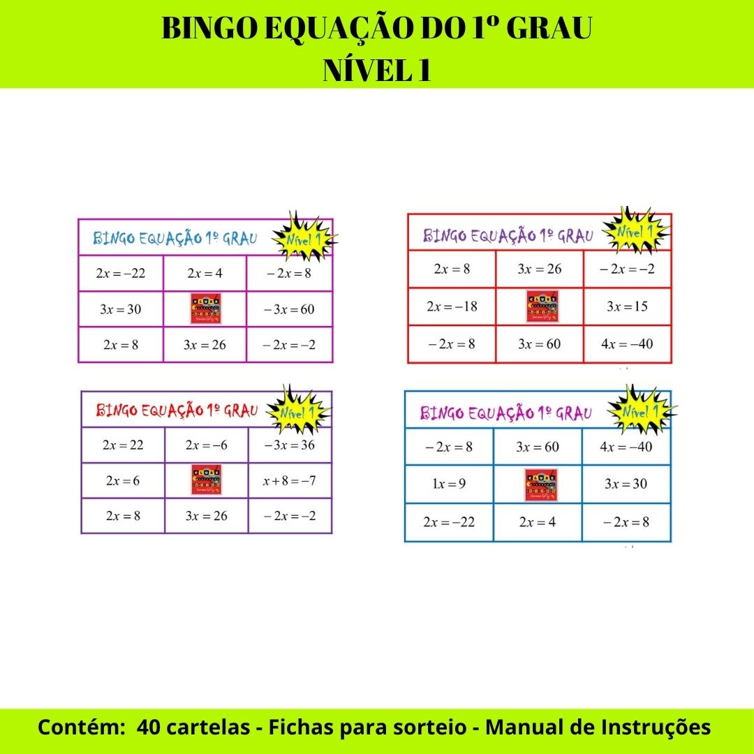 BINGO: EQUAÇÃO DO 1º GRAU - NÍVEL 1
