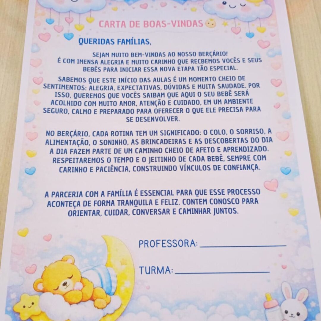 CARTA DE BOAS-VINDAS ÀS FAMÍLIAS PARA BERÇÁRIO