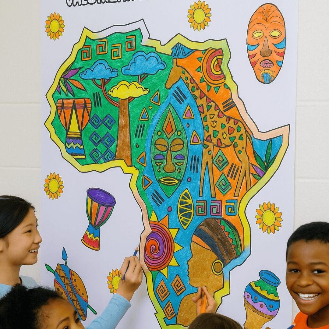 PAINEL / DECORAÇÃO PINTURA COLETIVA / MAPA AFRICANO PARA COLORIR/ MAPA DA ÁFRICA PARA COLORIR + FOLHINHA A4 CONSCIÊNCIA NEGRA